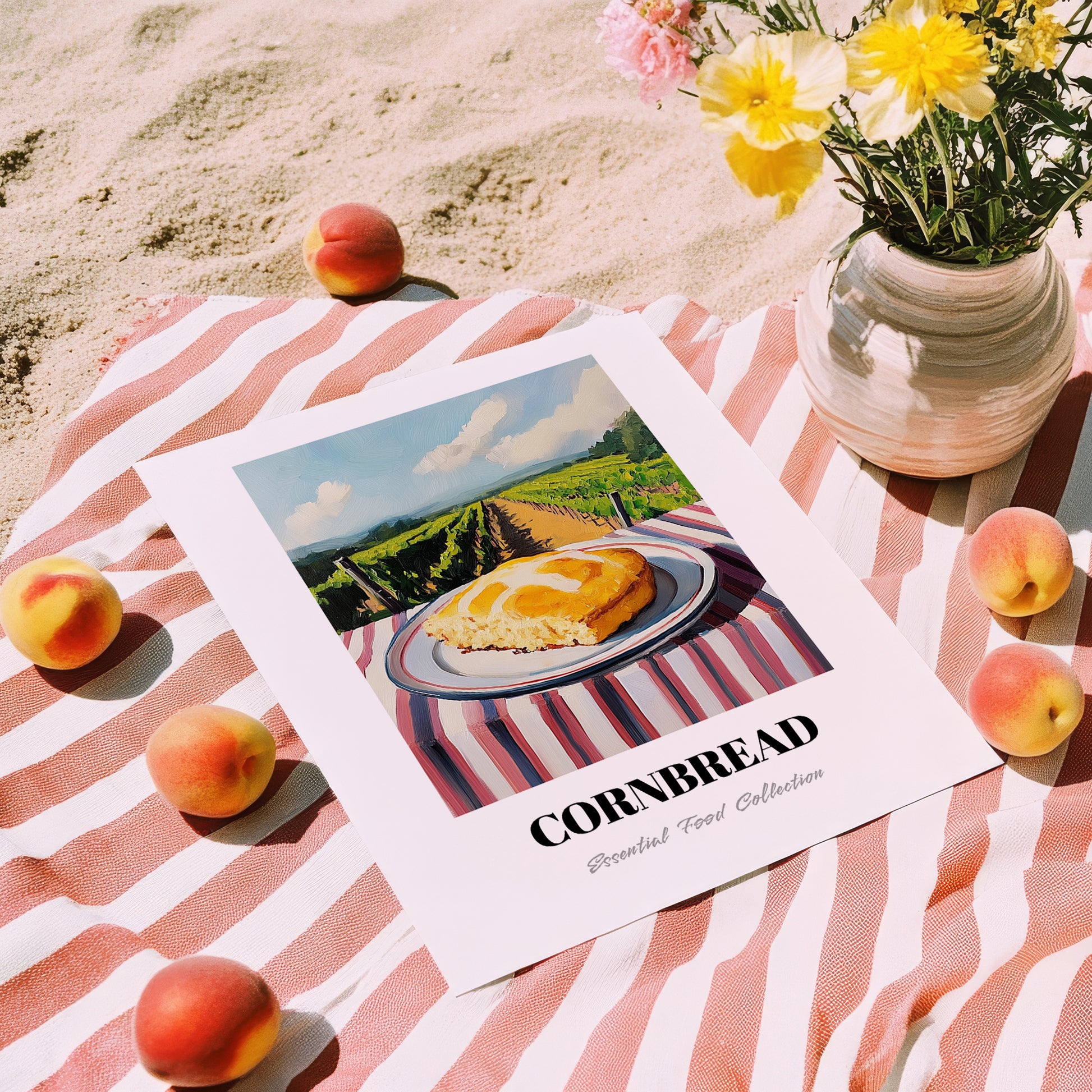 Cornbread – Hilltop Table Scene, American Pastry Poster, unframed on coastal sand
