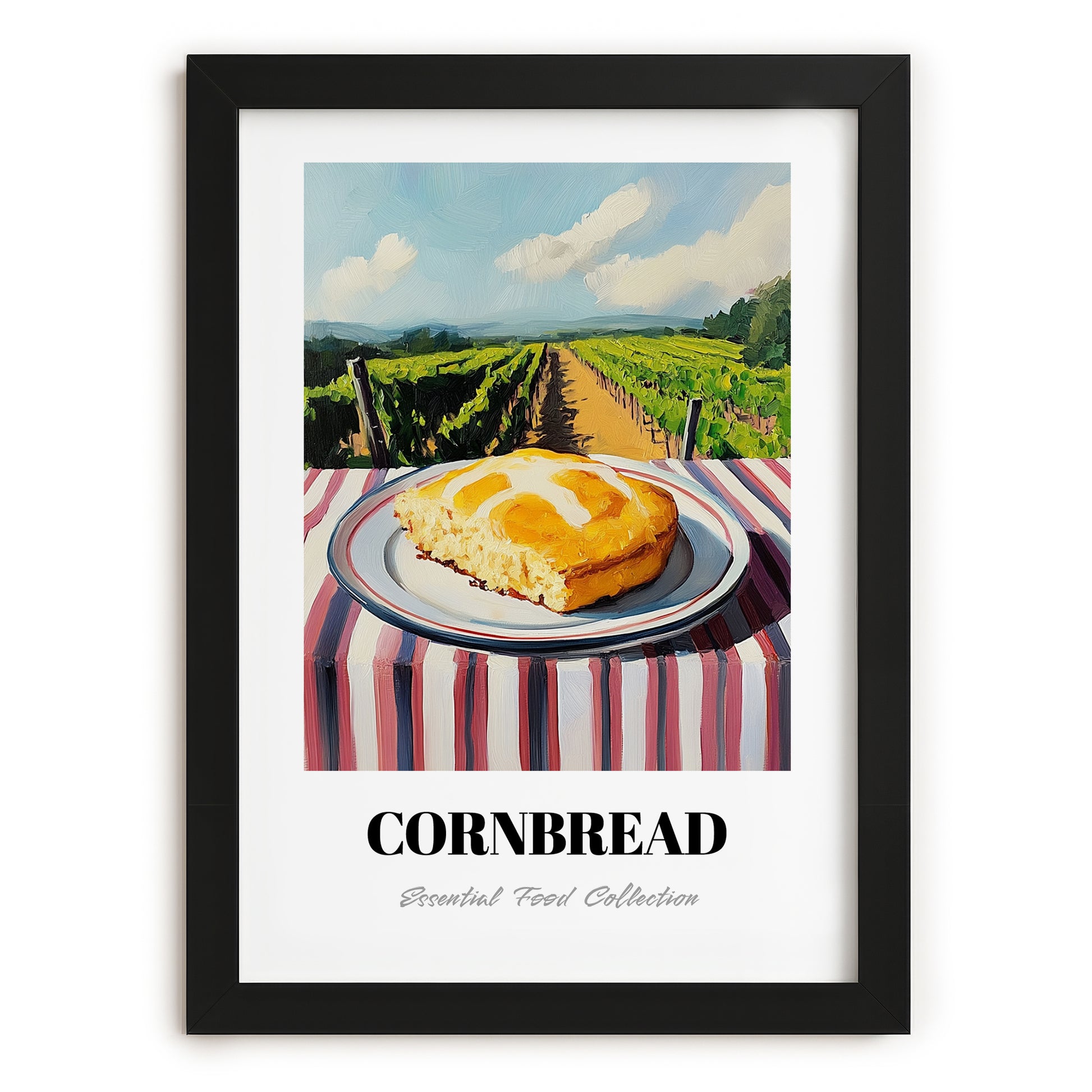 Cornbread – Hilltop Table Scene, American Pastry Poster, in sleek black frame