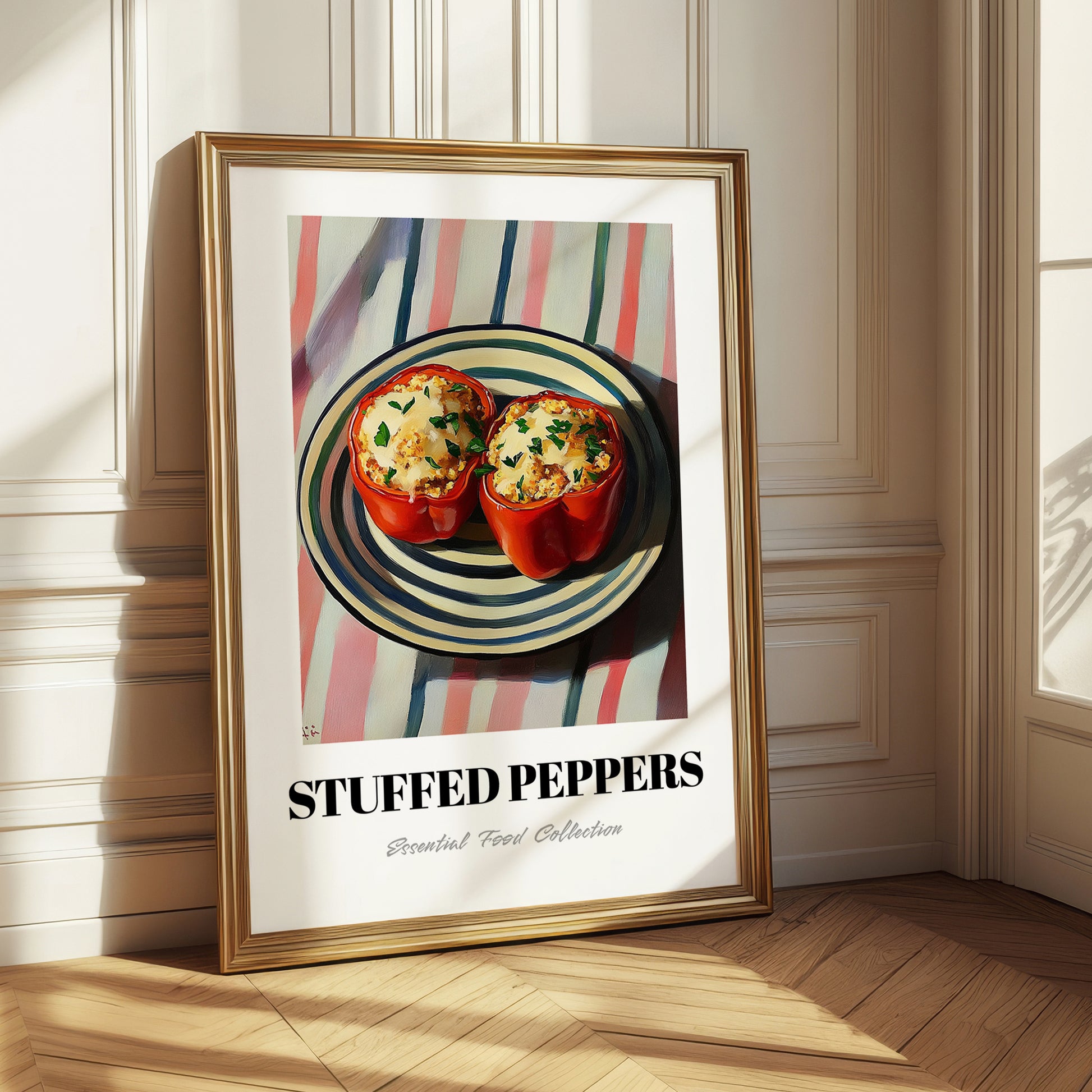 Stuffed Peppers – on Striped Tablecloth, Balkan Food Poster
