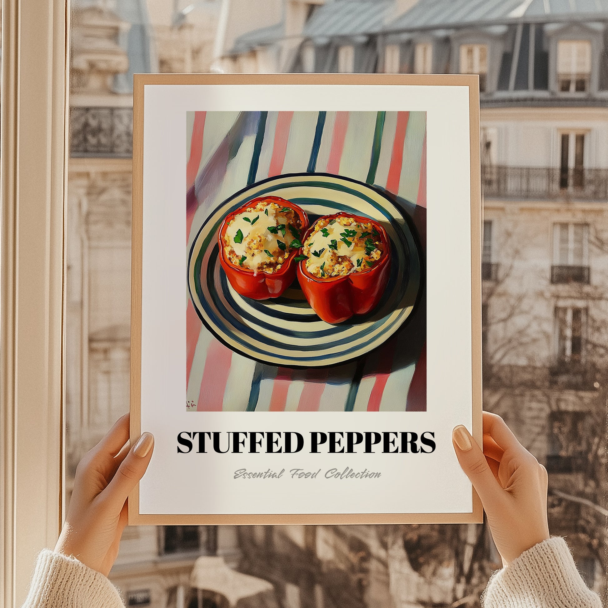 Stuffed Peppers – on Striped Tablecloth, Balkan Food Poster, styled in a charming Paris street view