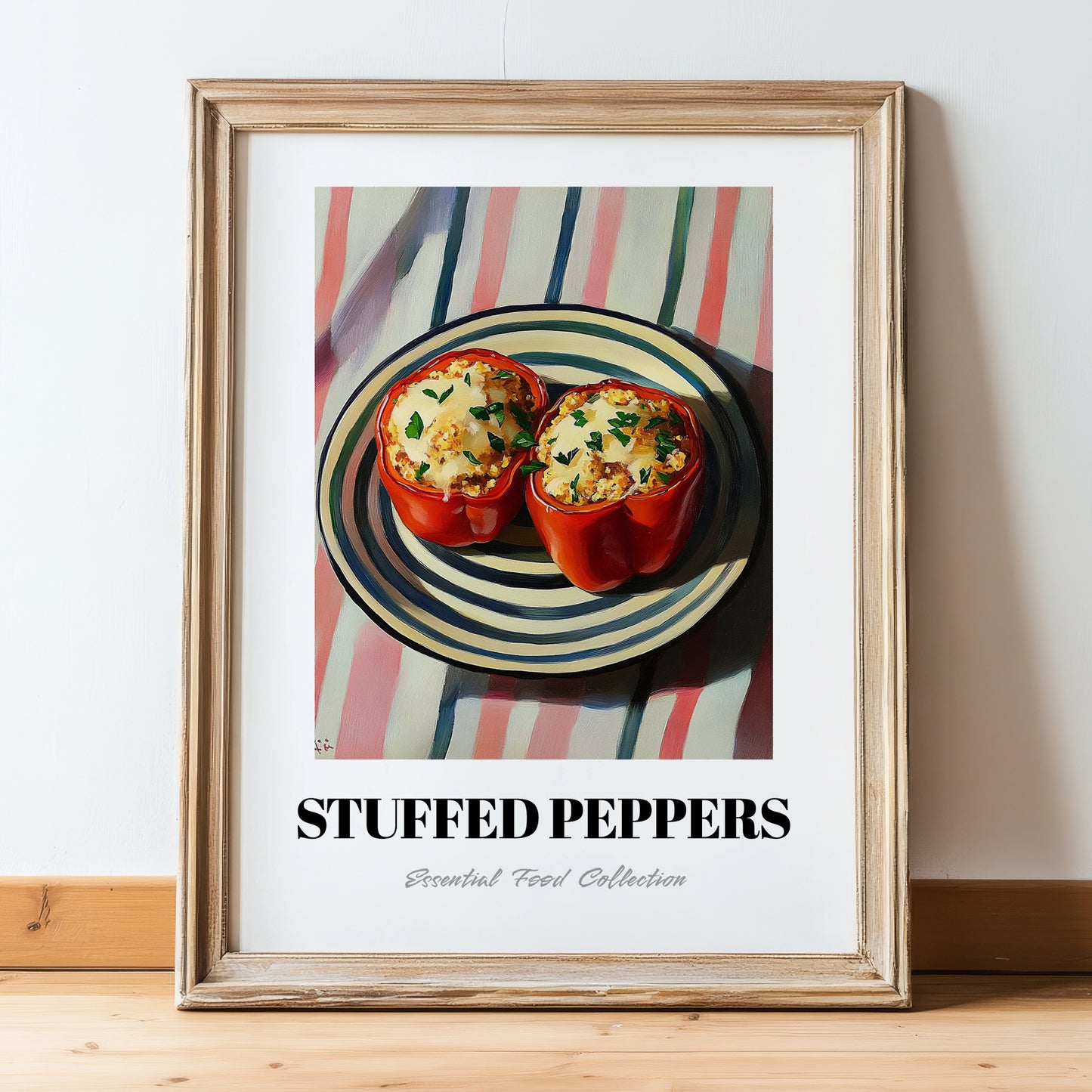 Stuffed Peppers – on Striped Tablecloth, Balkan Food Poster, in wooden frame leaning on the floor