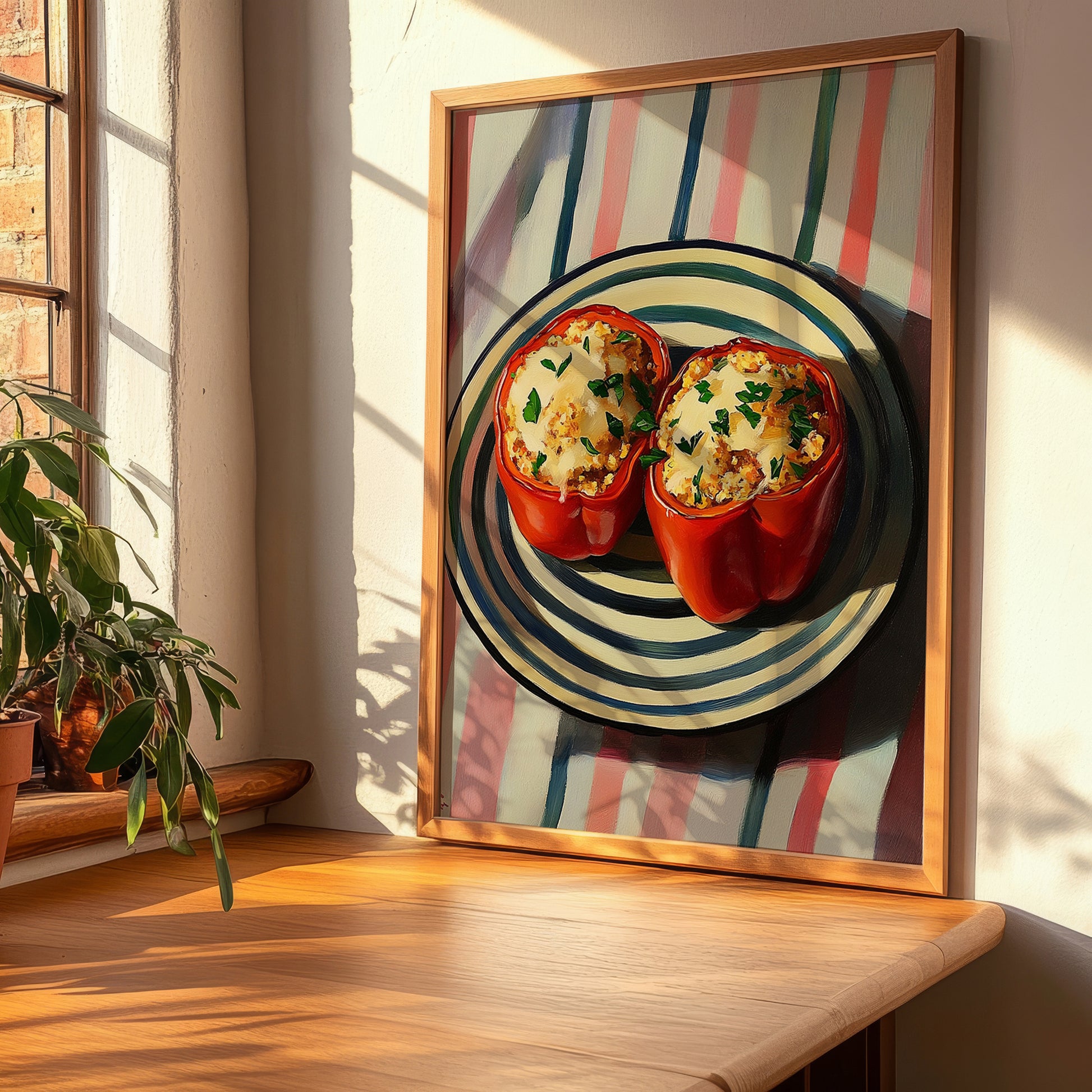 Stuffed Peppers – on Striped Tablecloth, Balkan Food Poster, clean layout with no caption