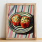 Stuffed Peppers – on Striped Tablecloth, Balkan Food Poster, no-text version framed in wood