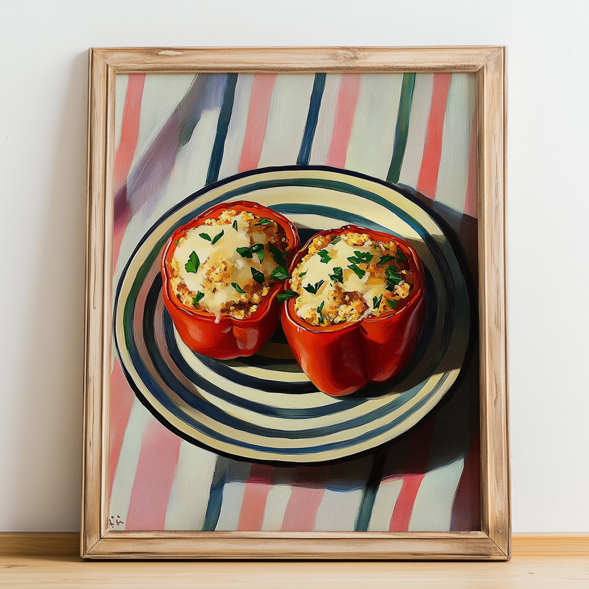 Stuffed Peppers – on Striped Tablecloth, Balkan Food Poster, no-text version framed in wood