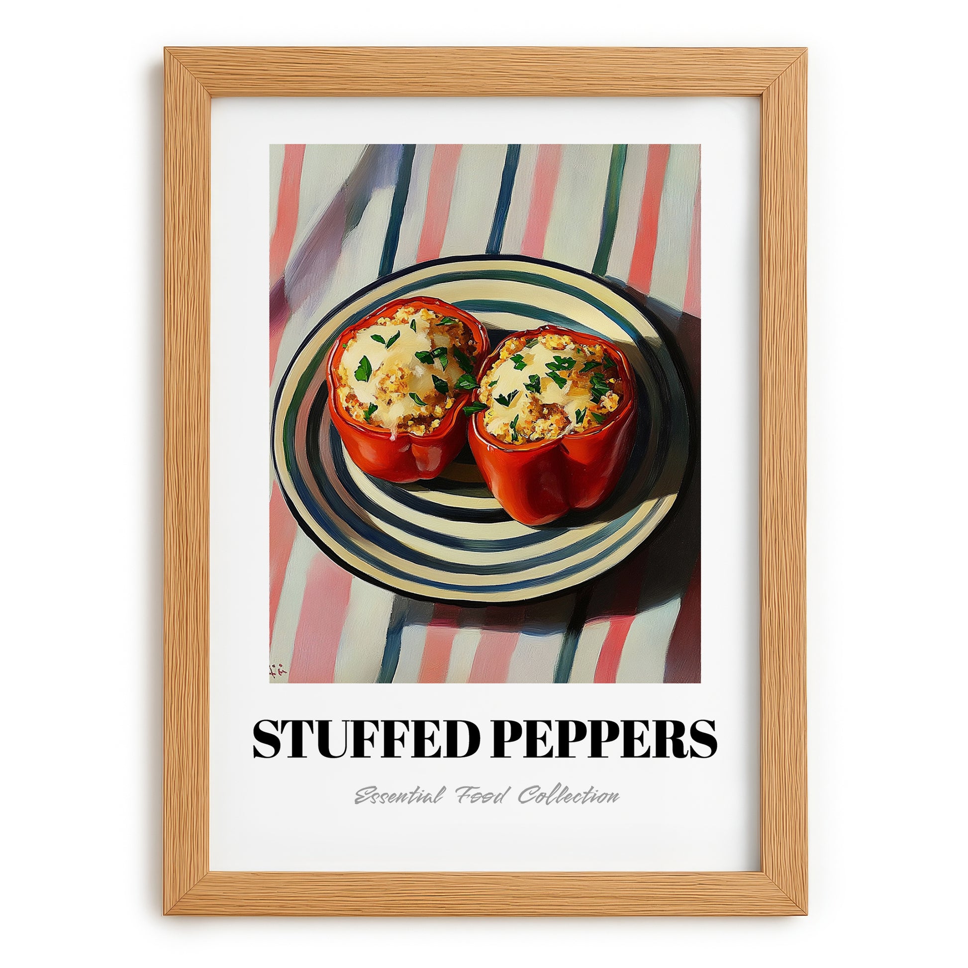 Stuffed Peppers – on Striped Tablecloth, Balkan Food Poster, set in oak frame
