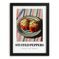 Stuffed Peppers – on Striped Tablecloth, Balkan Food Poster, in sleek black frame