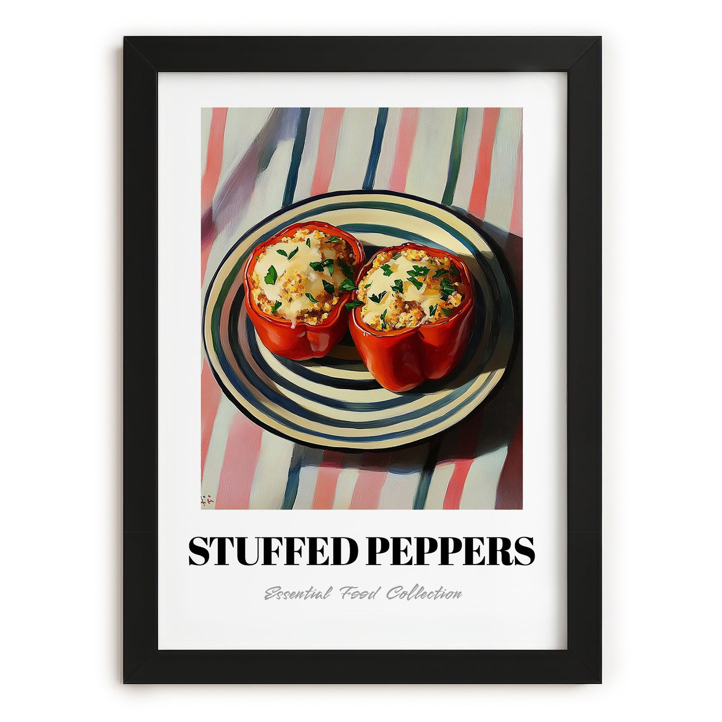 Stuffed Peppers – on Striped Tablecloth, Balkan Food Poster, in sleek black frame