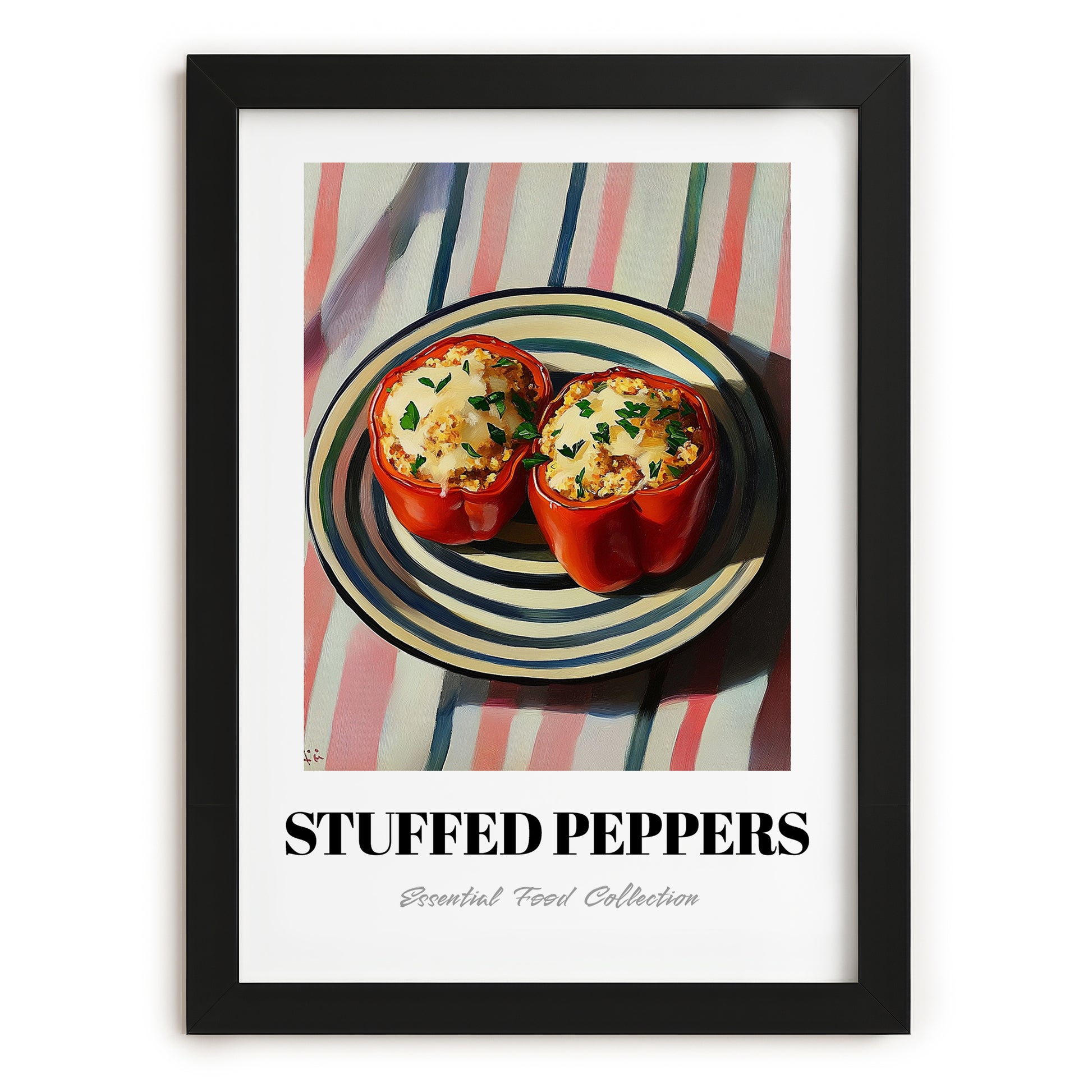 Stuffed Peppers – on Striped Tablecloth, Balkan Food Poster, in sleek black frame