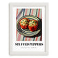 Stuffed Peppers – on Striped Tablecloth, Balkan Food Poster, placed in minimal white frame