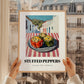 Stuffed Peppers – White village Café on the Corner, Balkan Food Poster, styled in a charming Paris street view