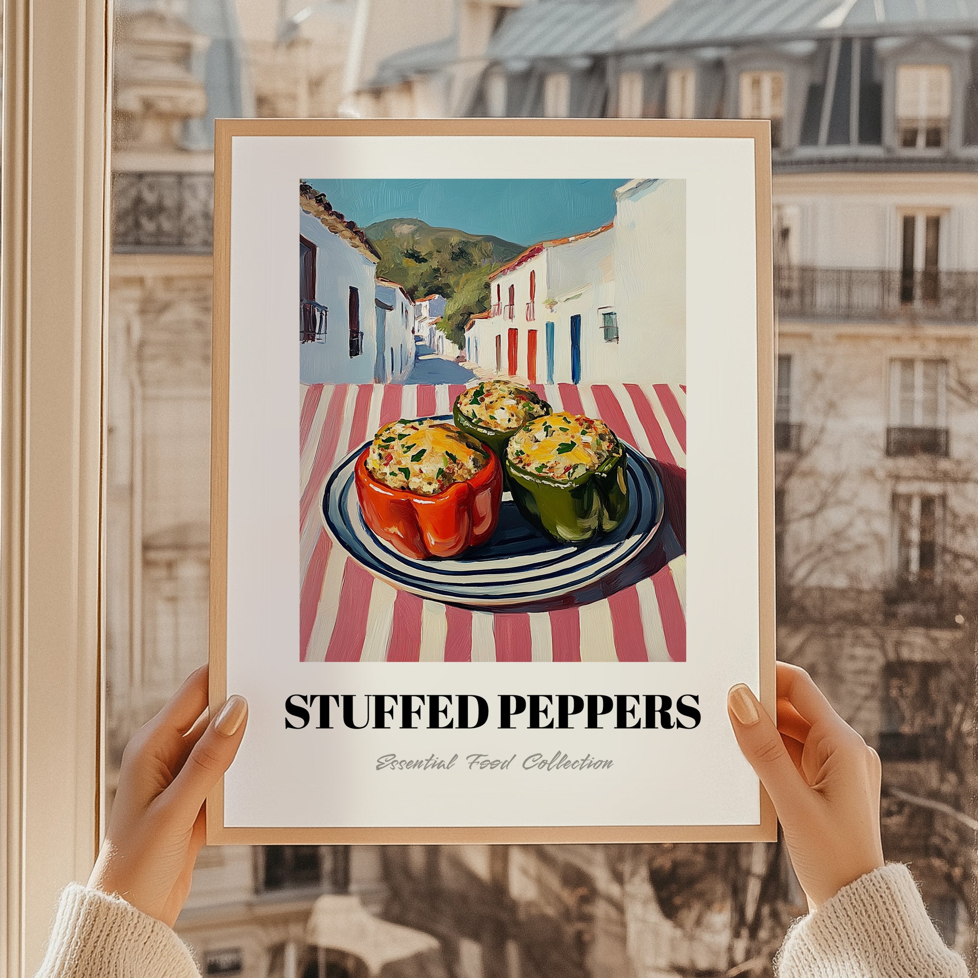 Stuffed Peppers – White village Café on the Corner, Balkan Food Poster, styled in a charming Paris street view