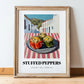Stuffed Peppers – White village Café on the Corner, Balkan Food Poster, in wooden frame leaning on the floor