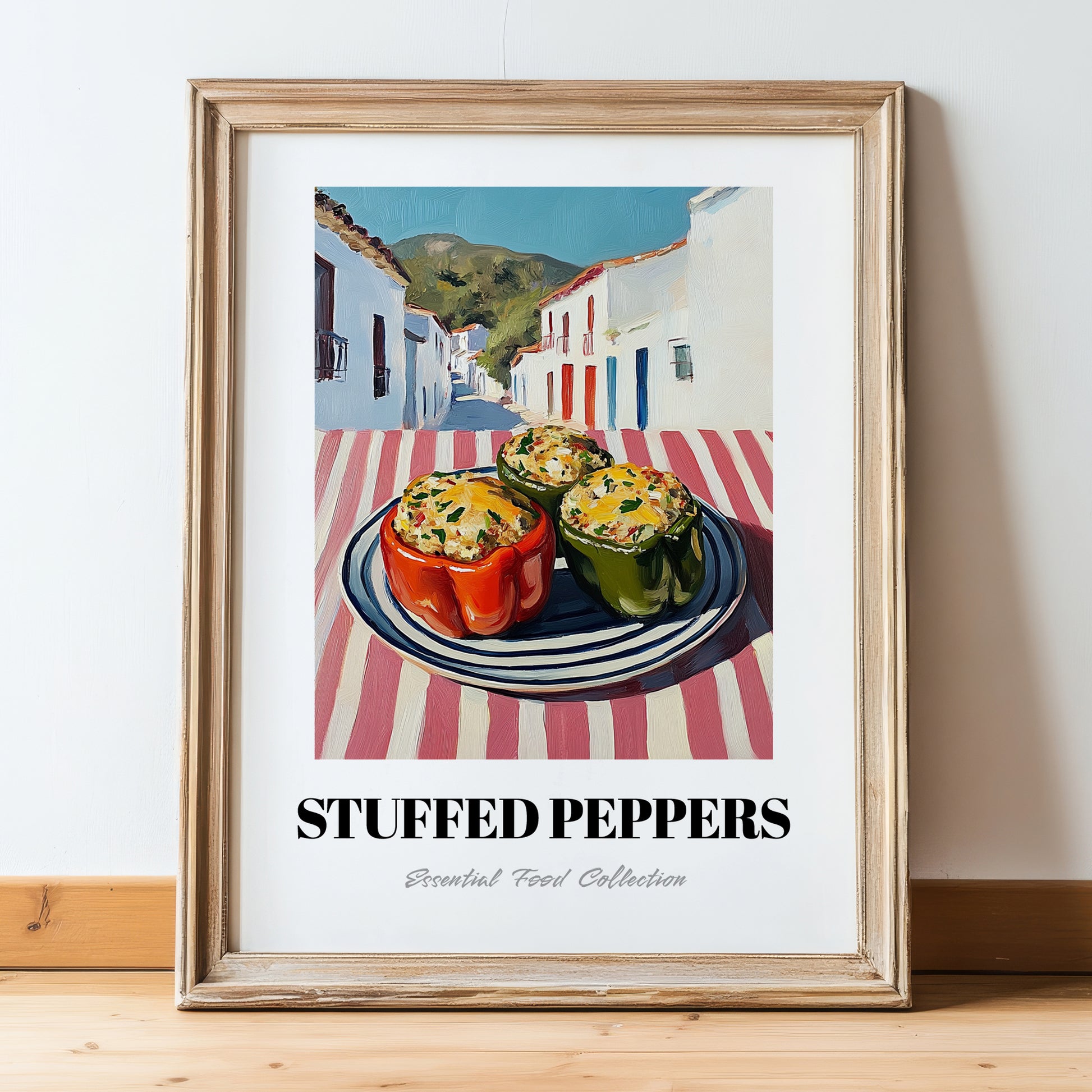 Stuffed Peppers – White village Café on the Corner, Balkan Food Poster, in wooden frame leaning on the floor