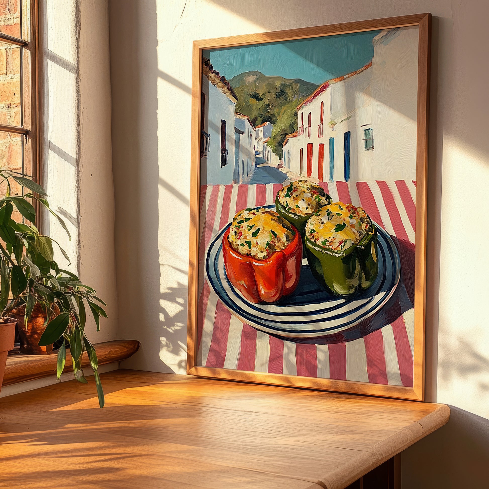 Stuffed Peppers – White village Café on the Corner, Balkan Food Poster, clean layout with no caption