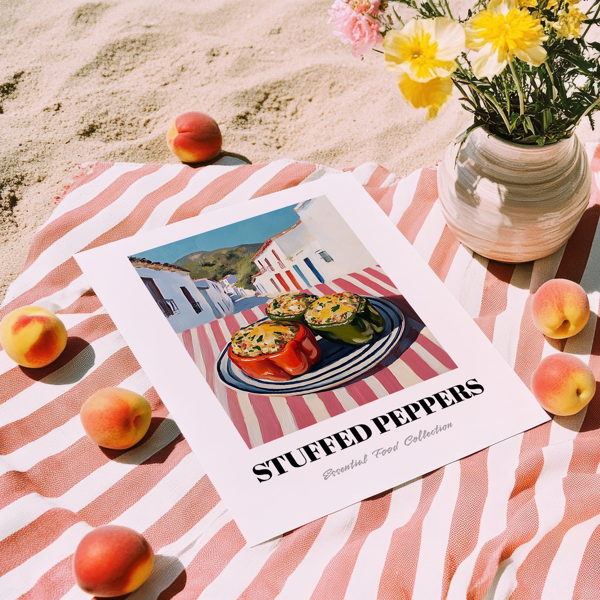 Stuffed Peppers – White village Café on the Corner, Balkan Food Poster, unframed on coastal sand