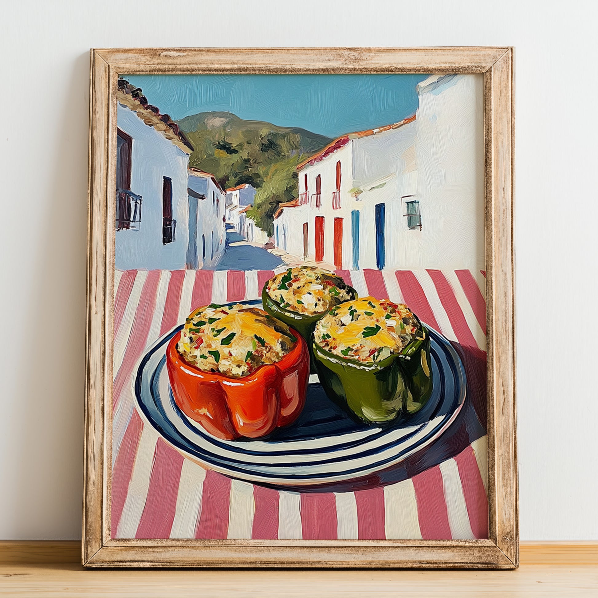 Stuffed Peppers – White village Café on the Corner, Balkan Food Poster, no-text version framed in wood