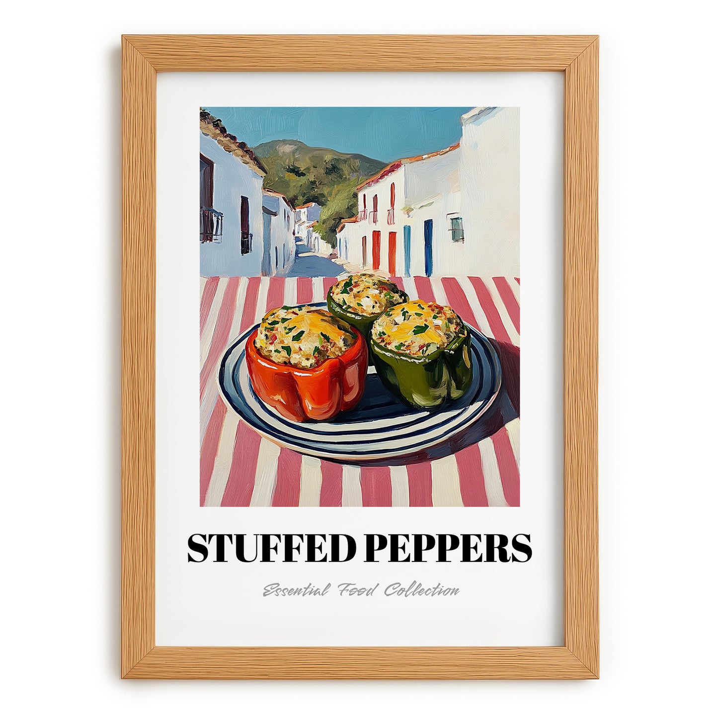 Stuffed Peppers – White village Café on the Corner, Balkan Food Poster, set in oak frame