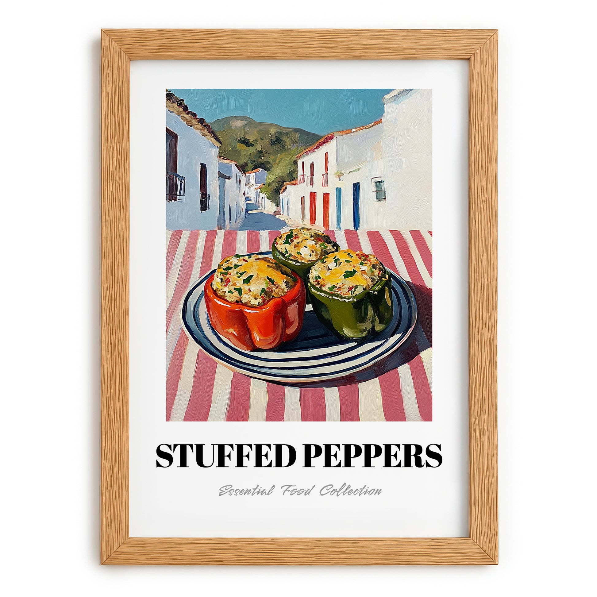 Stuffed Peppers – White village Café on the Corner, Balkan Food Poster, set in oak frame