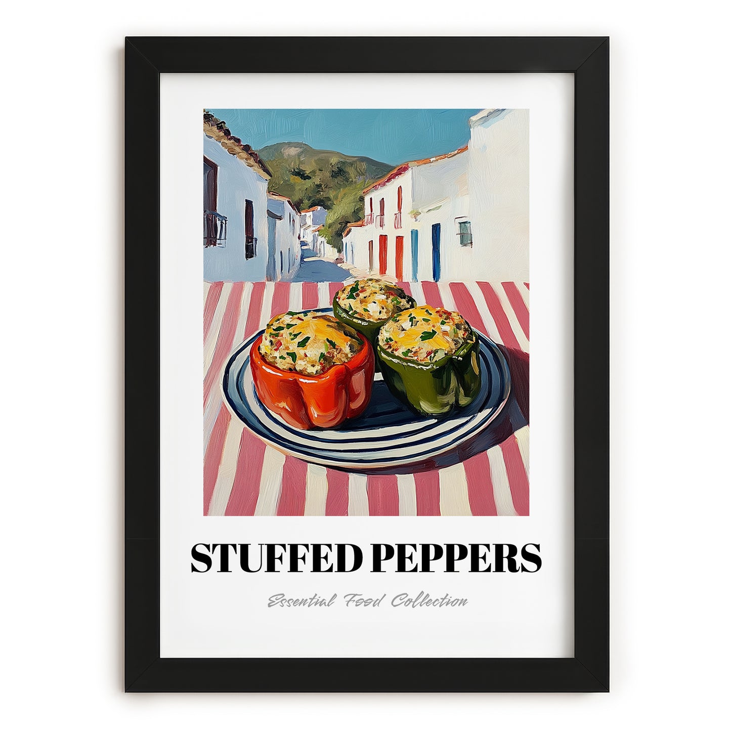 Stuffed Peppers – White village Café on the Corner, Balkan Food Poster, in sleek black frame