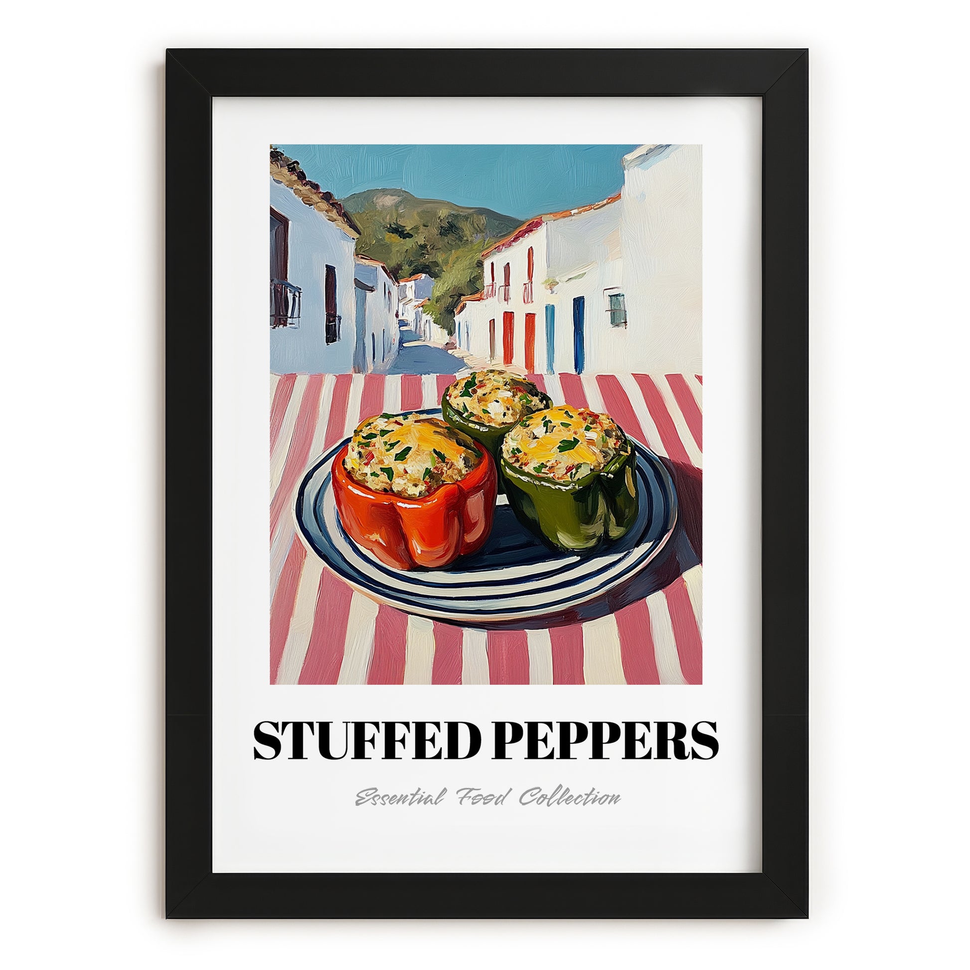 Stuffed Peppers – White village Café on the Corner, Balkan Food Poster, in sleek black frame