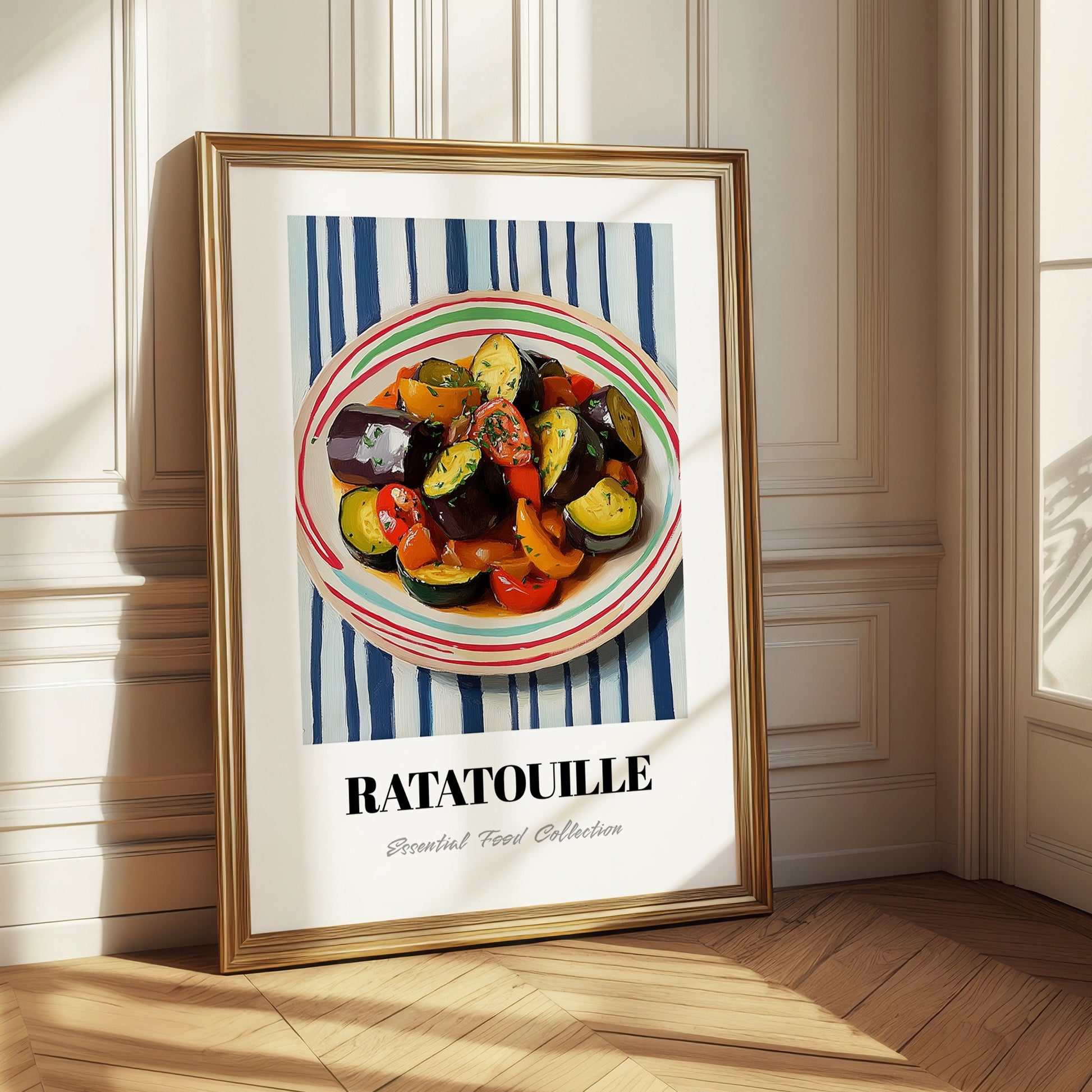 Ratatouille – on Striped Tablecloth, French Food Painting