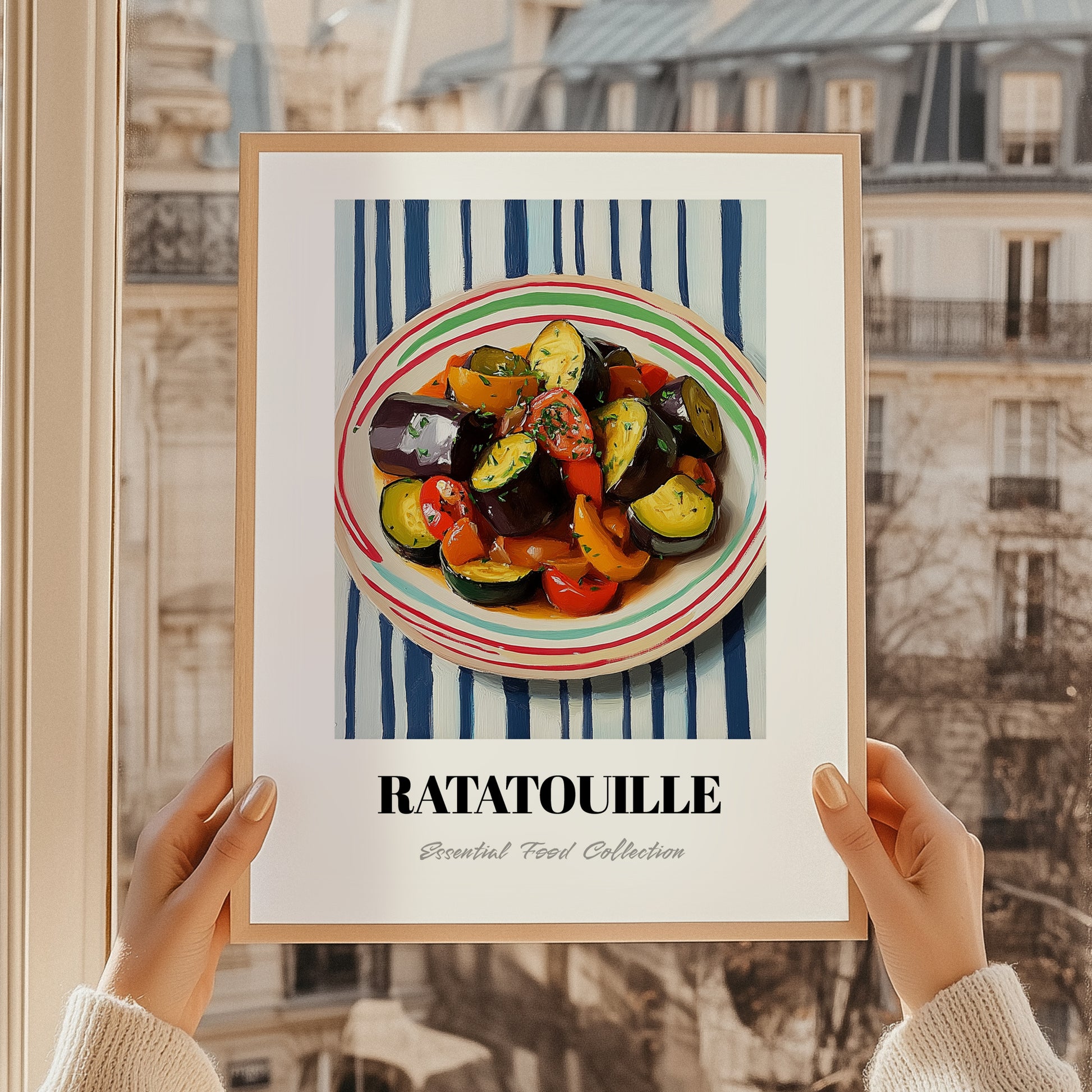 Ratatouille – on Striped Tablecloth, French Food Painting, styled in a charming Paris street view