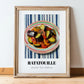 Ratatouille – on Striped Tablecloth, French Food Painting, in wooden frame leaning on the floor