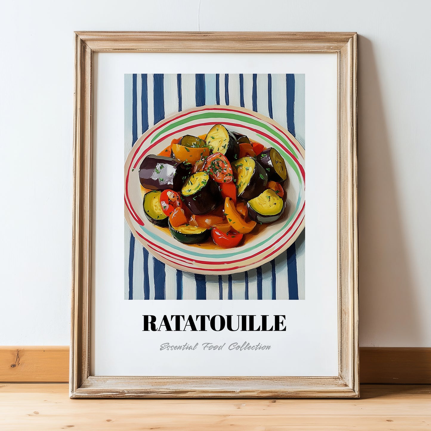 Ratatouille – on Striped Tablecloth, French Food Painting, in wooden frame leaning on the floor