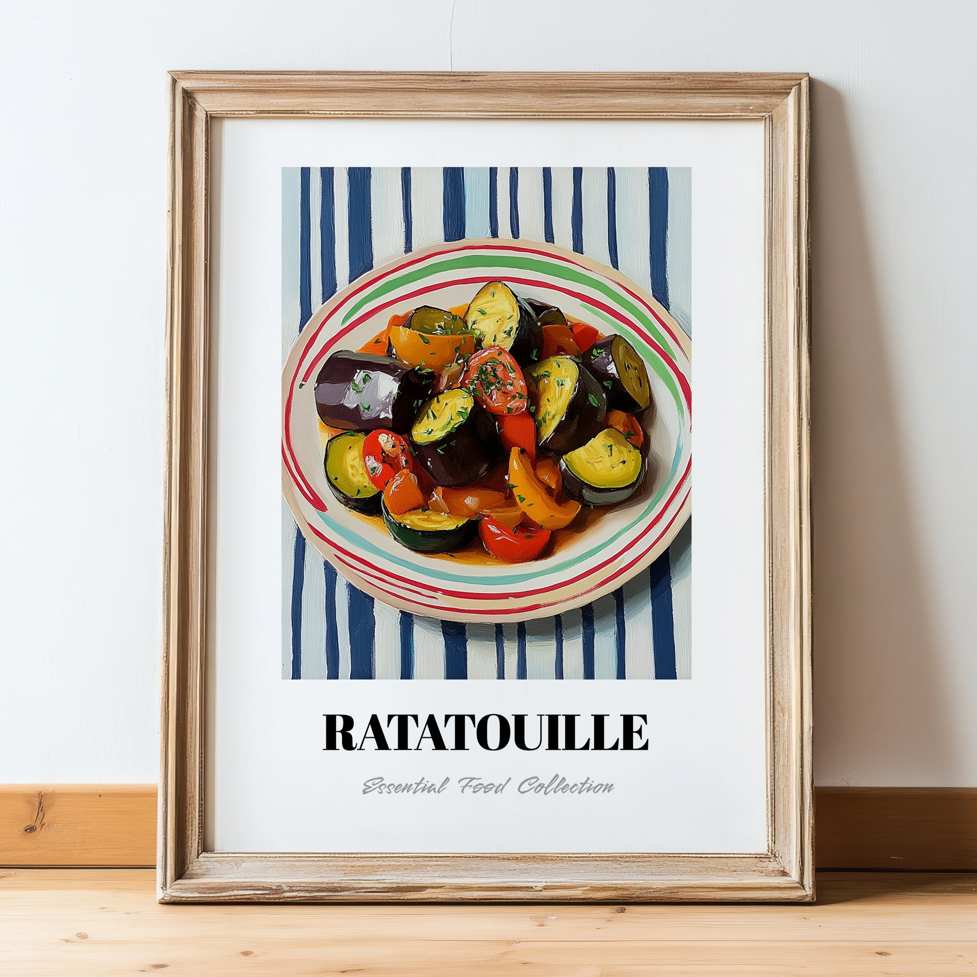 Ratatouille – on Striped Tablecloth, French Food Painting, in wooden frame leaning on the floor