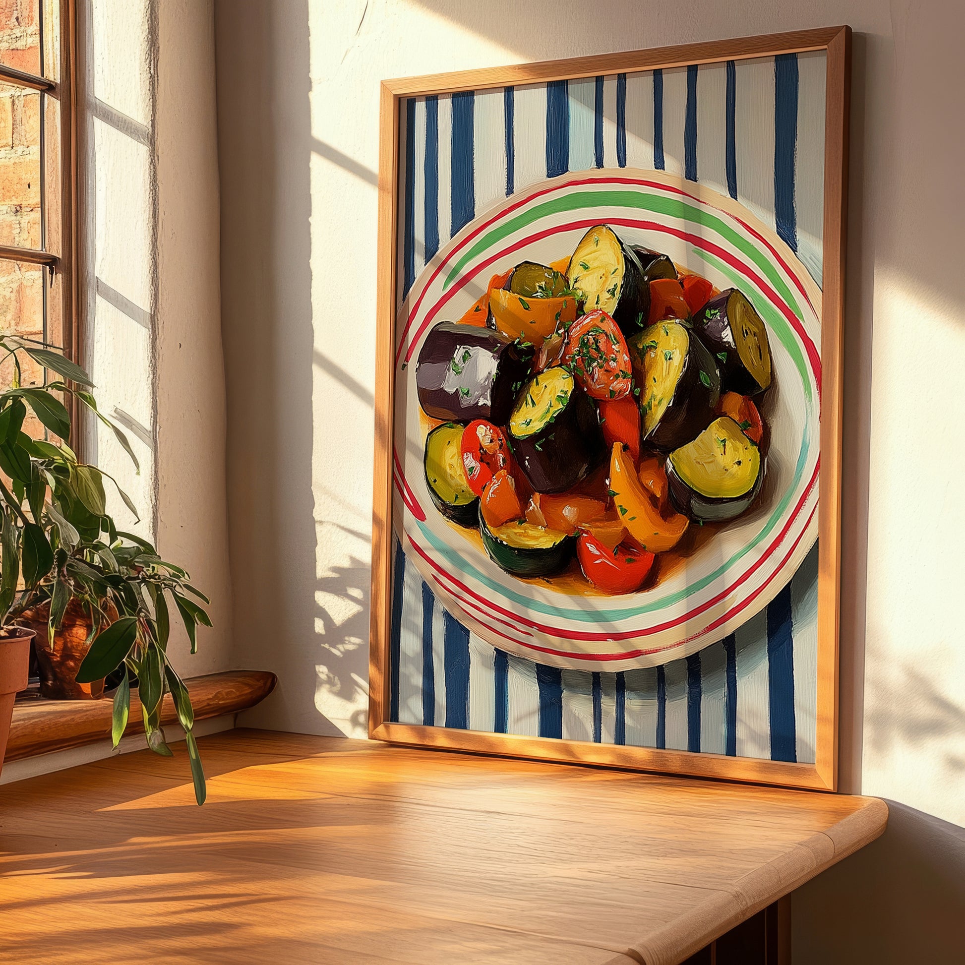 Ratatouille – on Striped Tablecloth, French Food Painting, clean layout with no caption