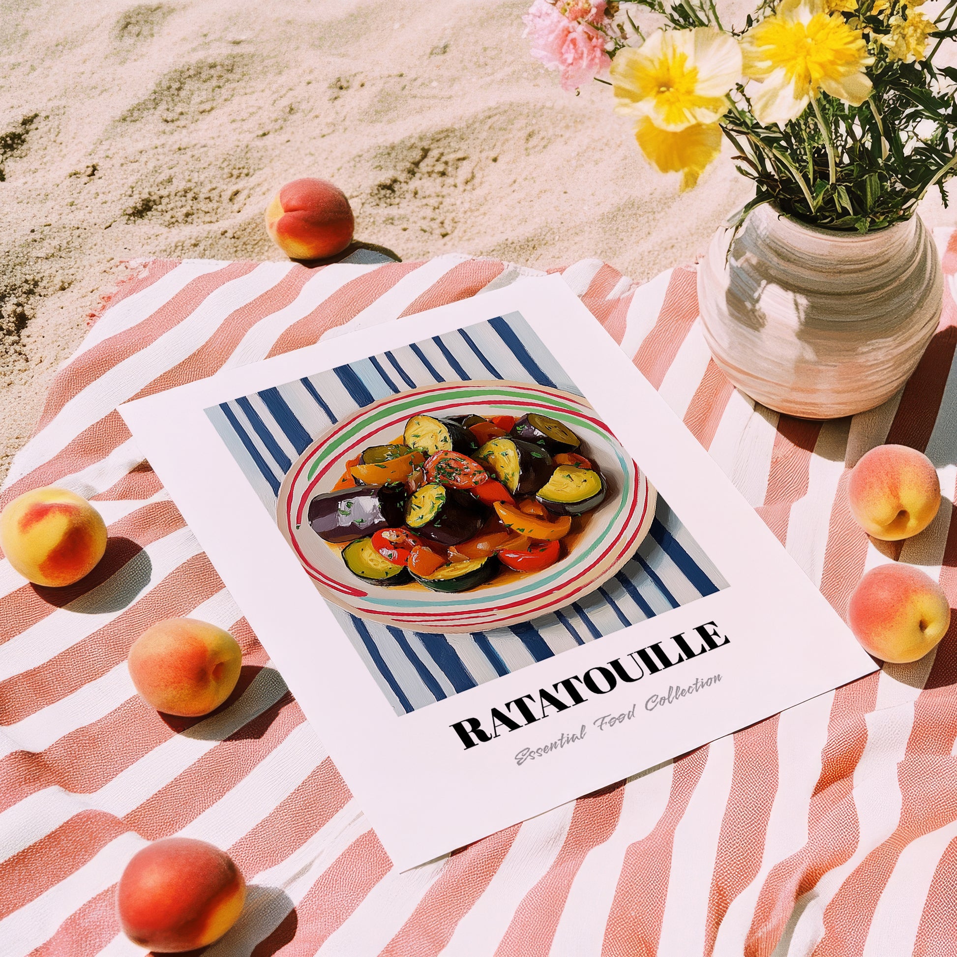 Ratatouille – on Striped Tablecloth, French Food Painting, unframed on coastal sand