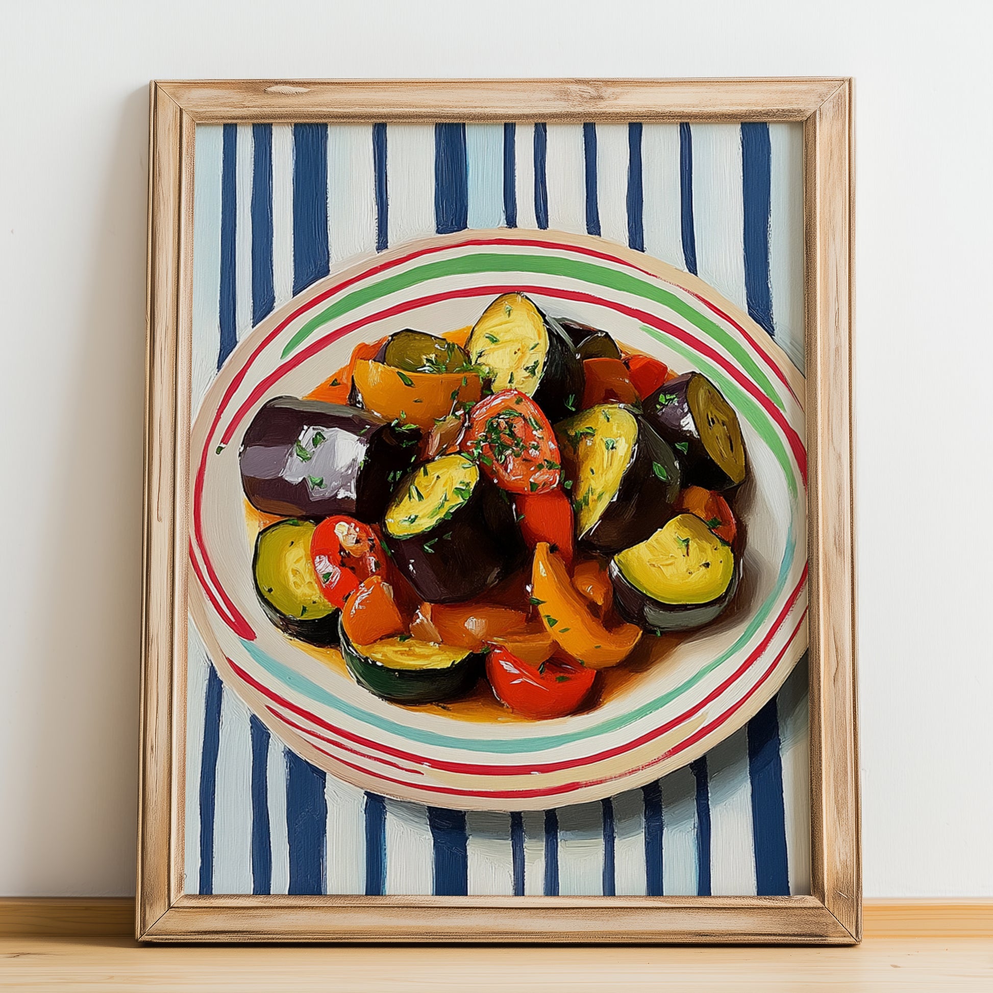 Ratatouille – on Striped Tablecloth, French Food Painting, no-text version framed in wood