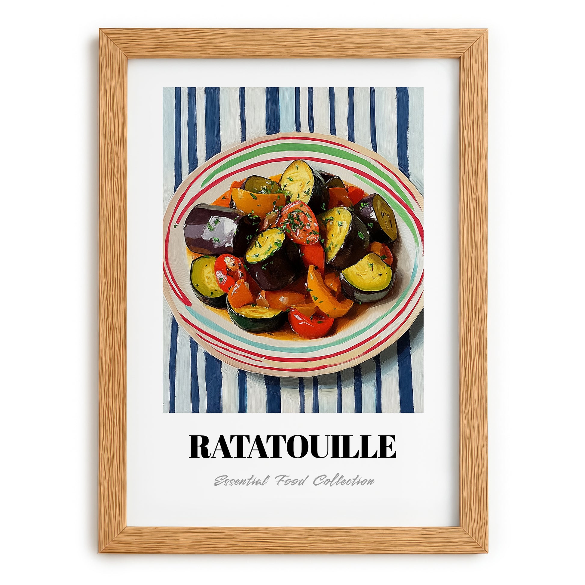 Ratatouille – on Striped Tablecloth, French Food Painting, set in oak frame