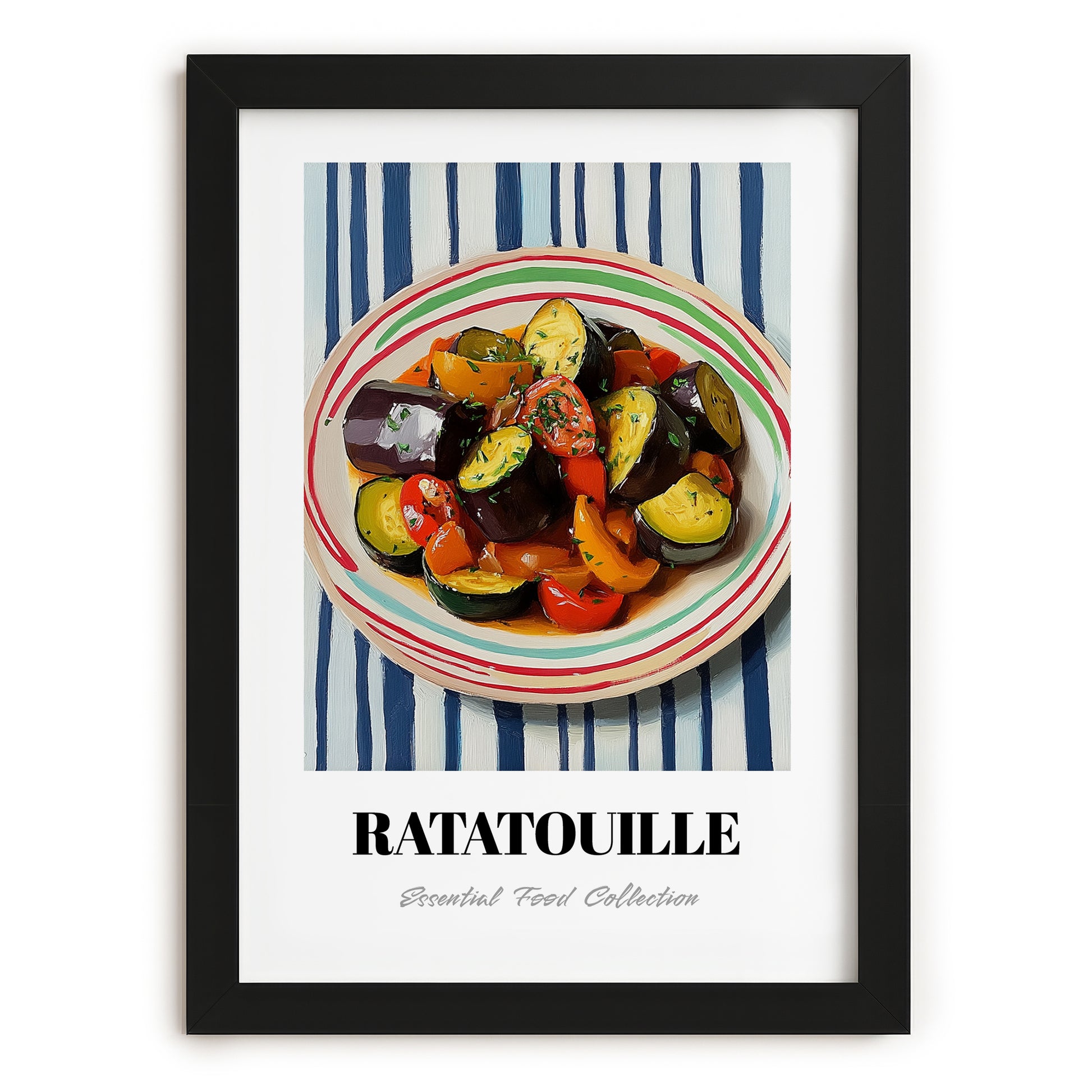 Ratatouille – on Striped Tablecloth, French Food Painting, in sleek black frame
