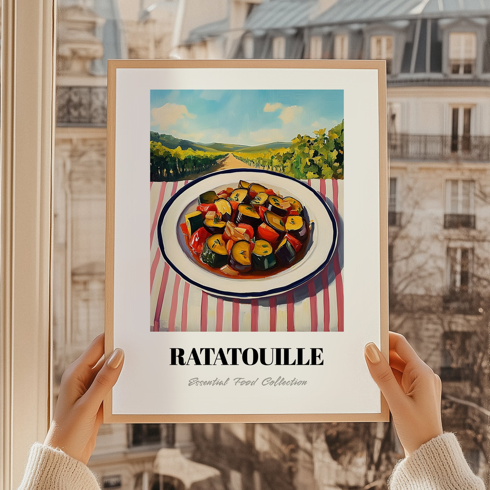 Ratatouille – Hilltop Table Scene, French Food Poster, styled in a charming Paris street view