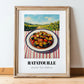 Ratatouille – Hilltop Table Scene, French Food Poster, in wooden frame leaning on the floor