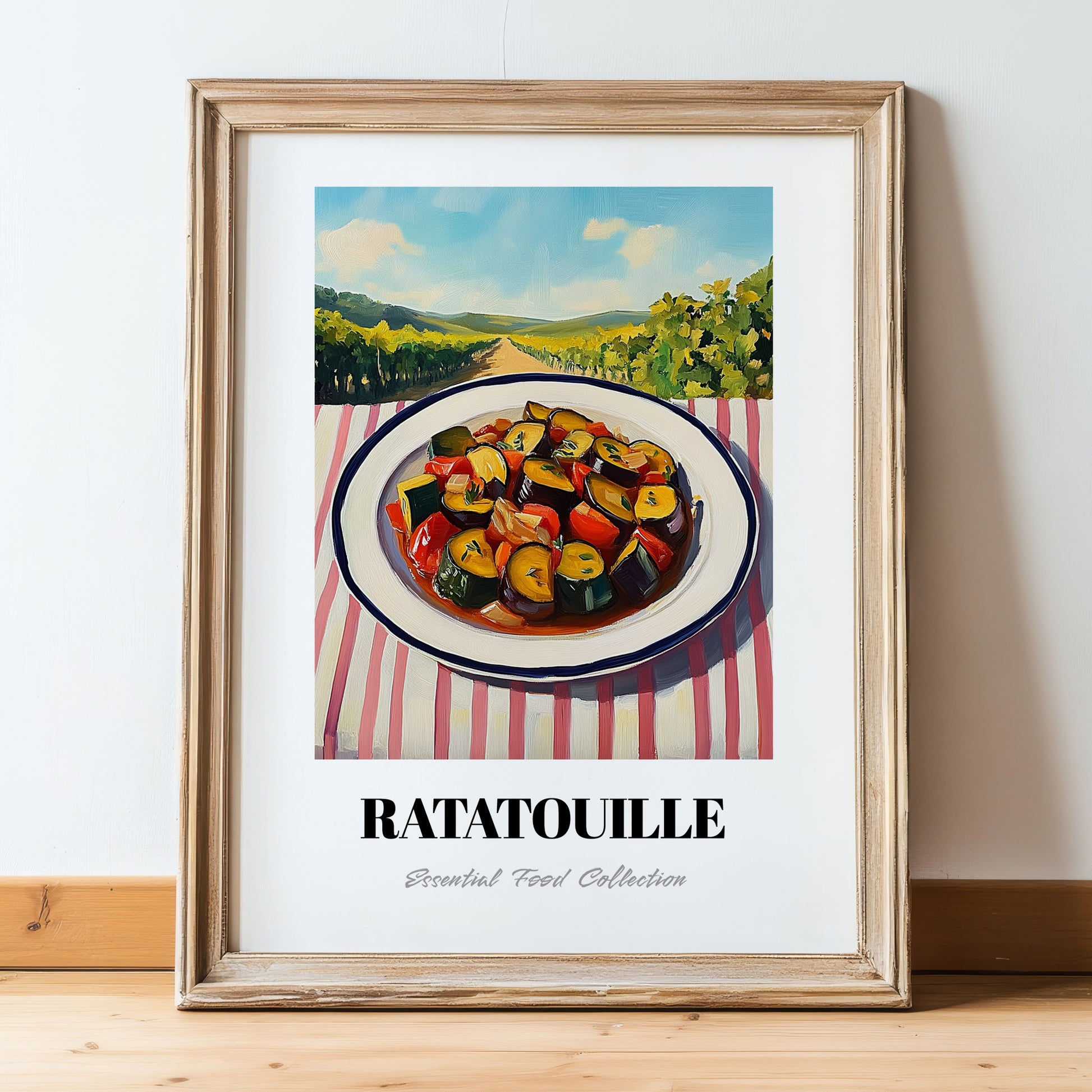 Ratatouille – Hilltop Table Scene, French Food Poster, in wooden frame leaning on the floor