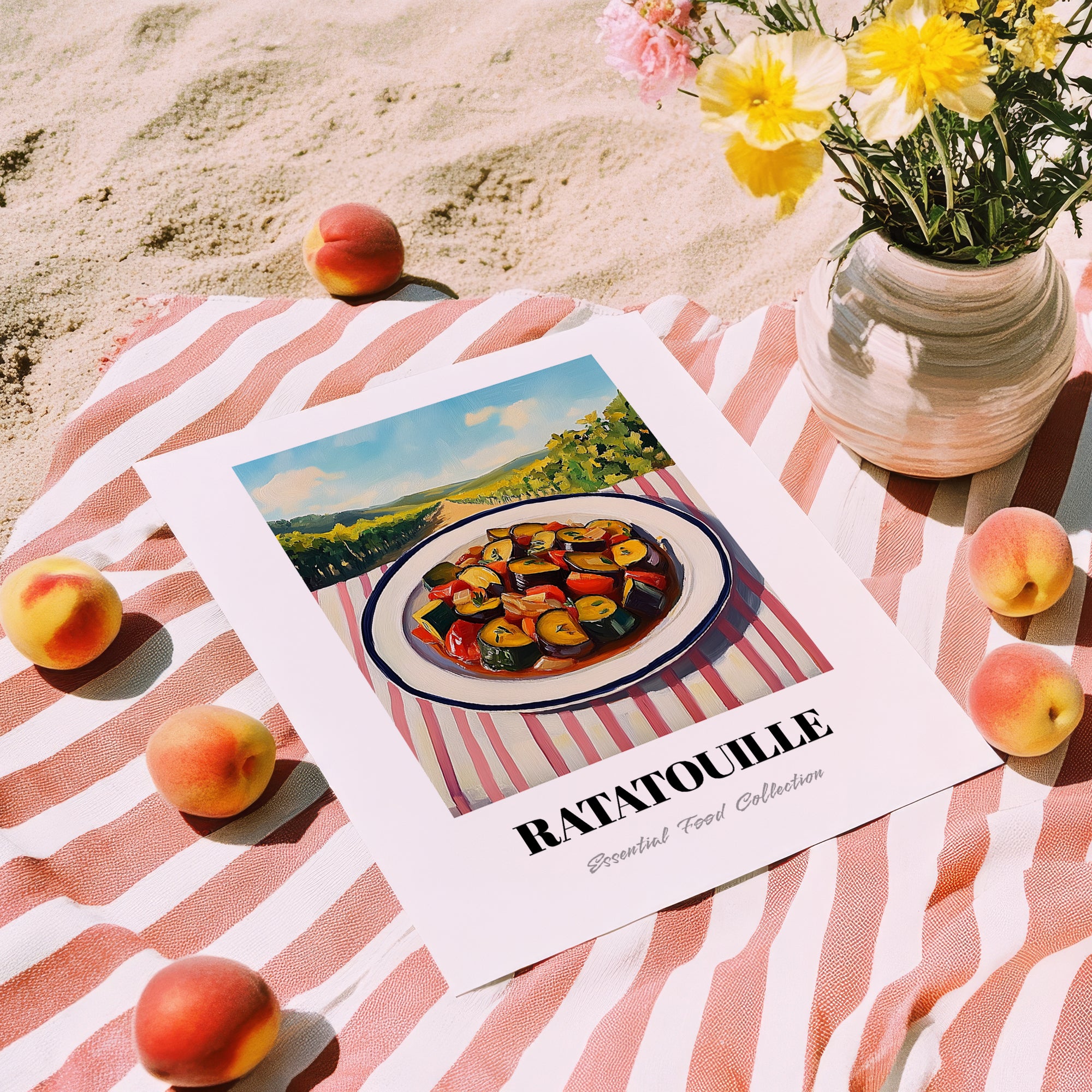 Ratatouille – Hilltop Table Scene, French Food Poster, unframed on coastal sand