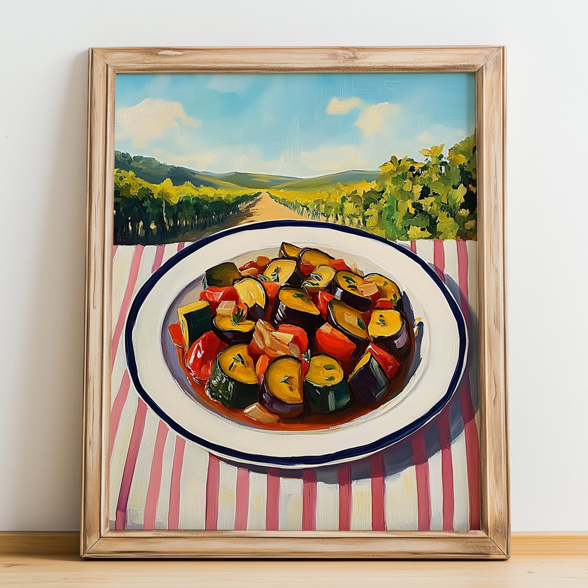 Ratatouille – Hilltop Table Scene, French Food Poster, no-text version framed in wood