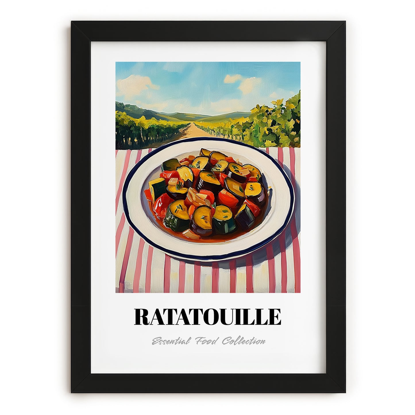 Ratatouille – Hilltop Table Scene, French Food Poster, in sleek black frame
