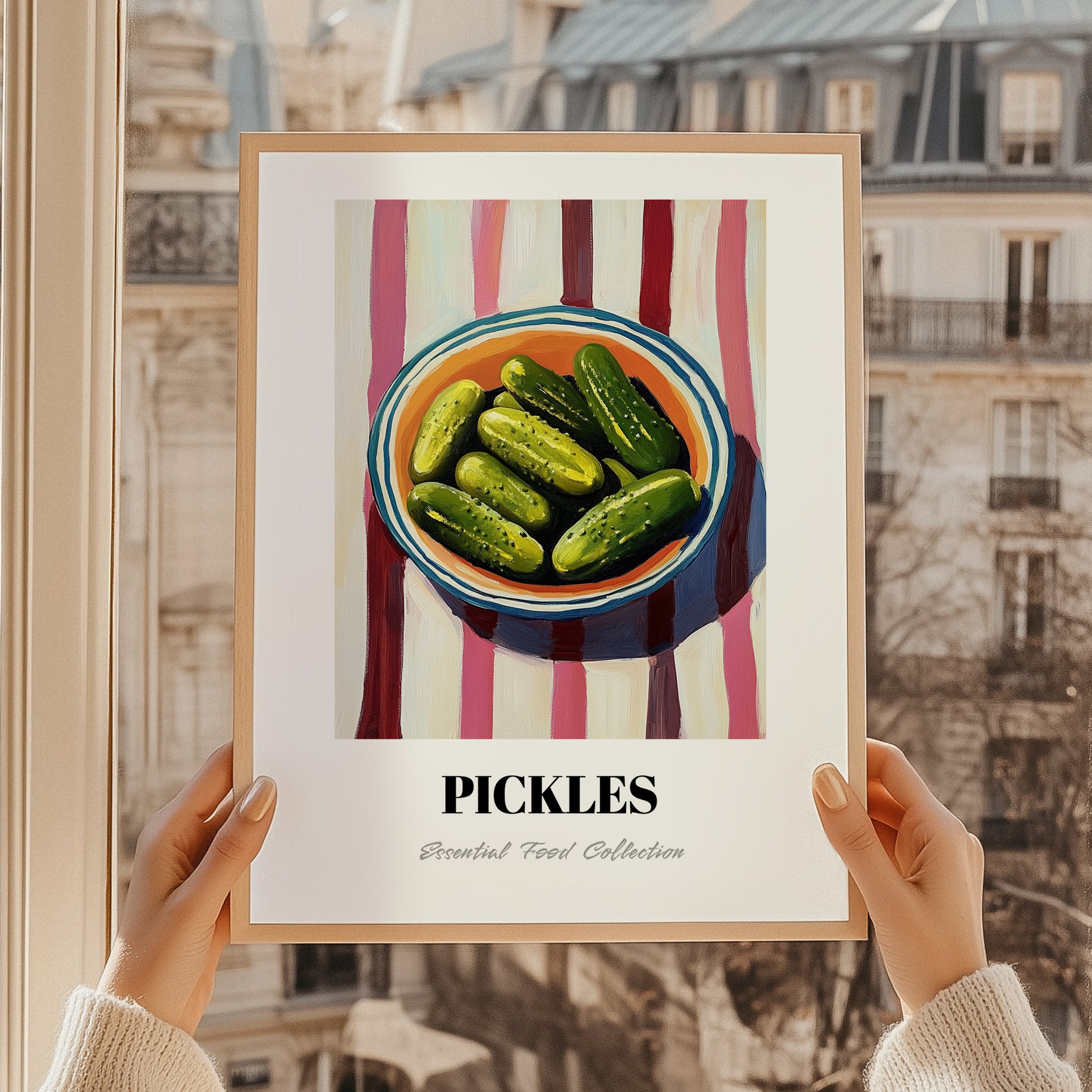 Pickles – on Striped Tablecloth, American Bbq Wall Art, styled in a charming Paris street view