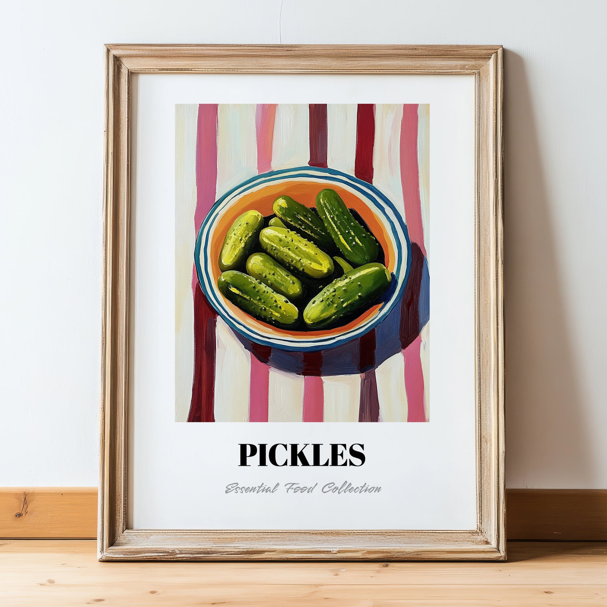 Pickles – on Striped Tablecloth, American Bbq Wall Art, in wooden frame leaning on the floor