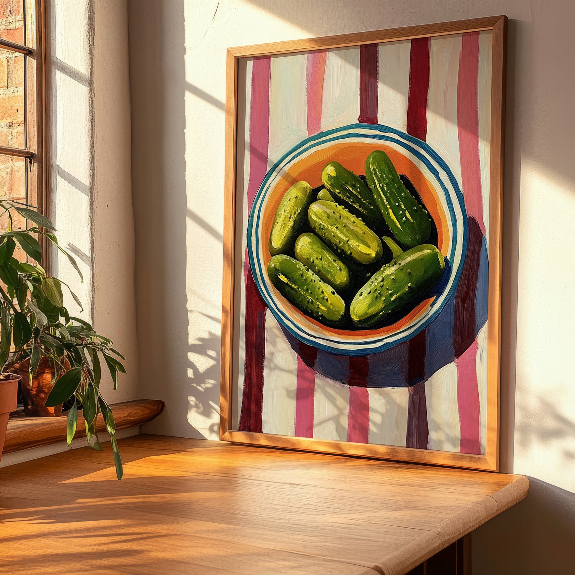 Pickles – on Striped Tablecloth, American Bbq Wall Art, clean layout with no caption