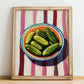 Pickles – on Striped Tablecloth, American Bbq Wall Art, no-text version framed in wood