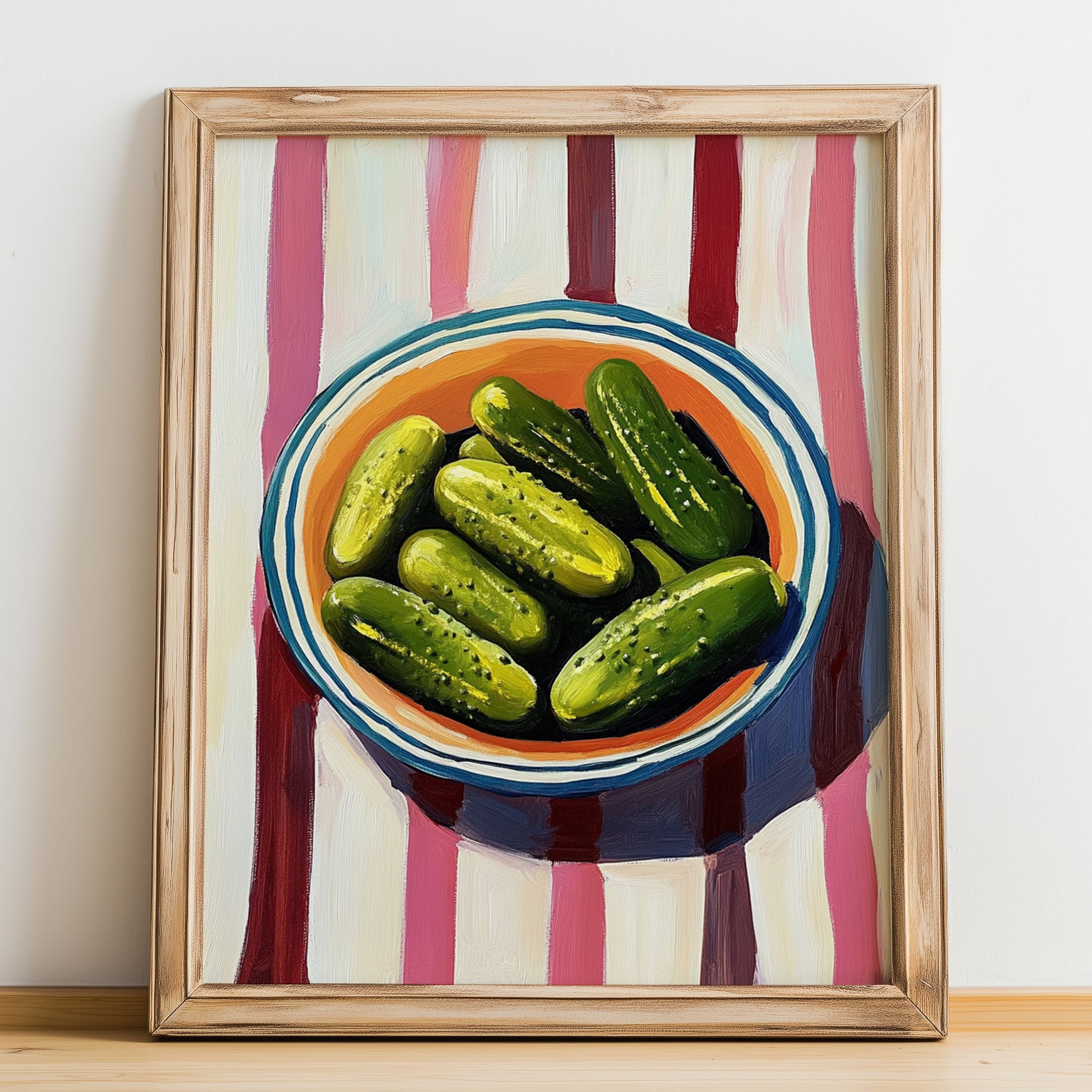 Pickles – on Striped Tablecloth, American Bbq Wall Art, no-text version framed in wood