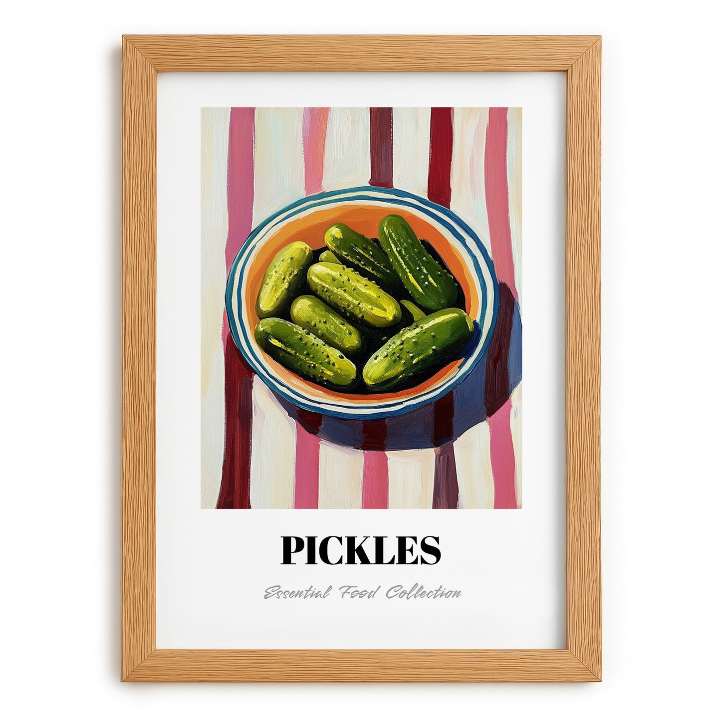 Pickles – on Striped Tablecloth, American Bbq Wall Art, set in oak frame