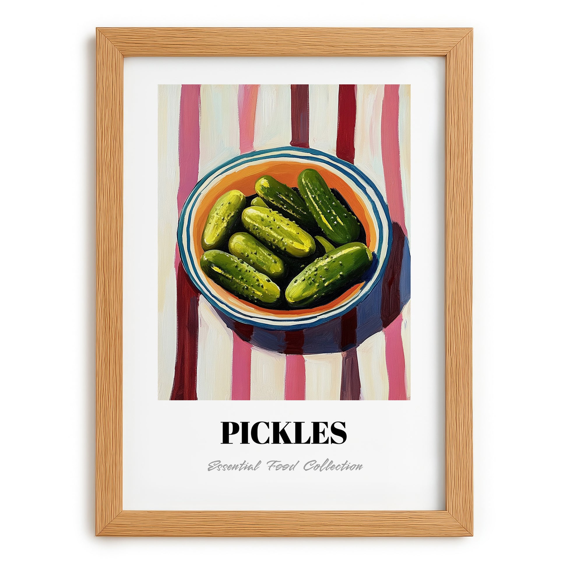 Pickles – on Striped Tablecloth, American Bbq Wall Art, set in oak frame