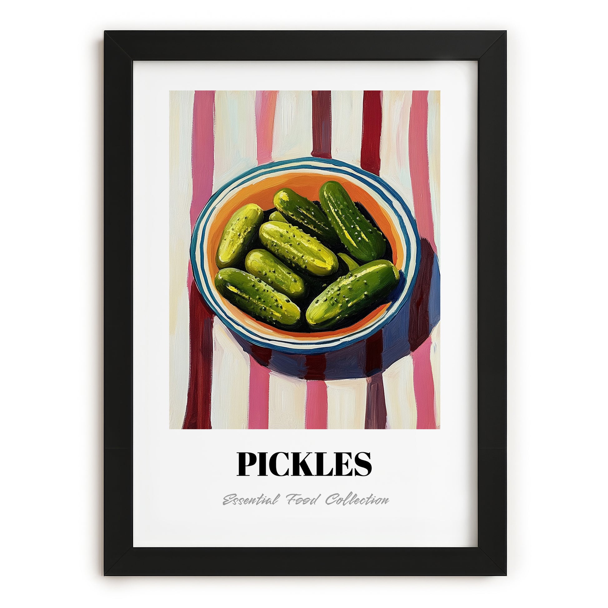 Pickles – on Striped Tablecloth, American Bbq Wall Art, in sleek black frame