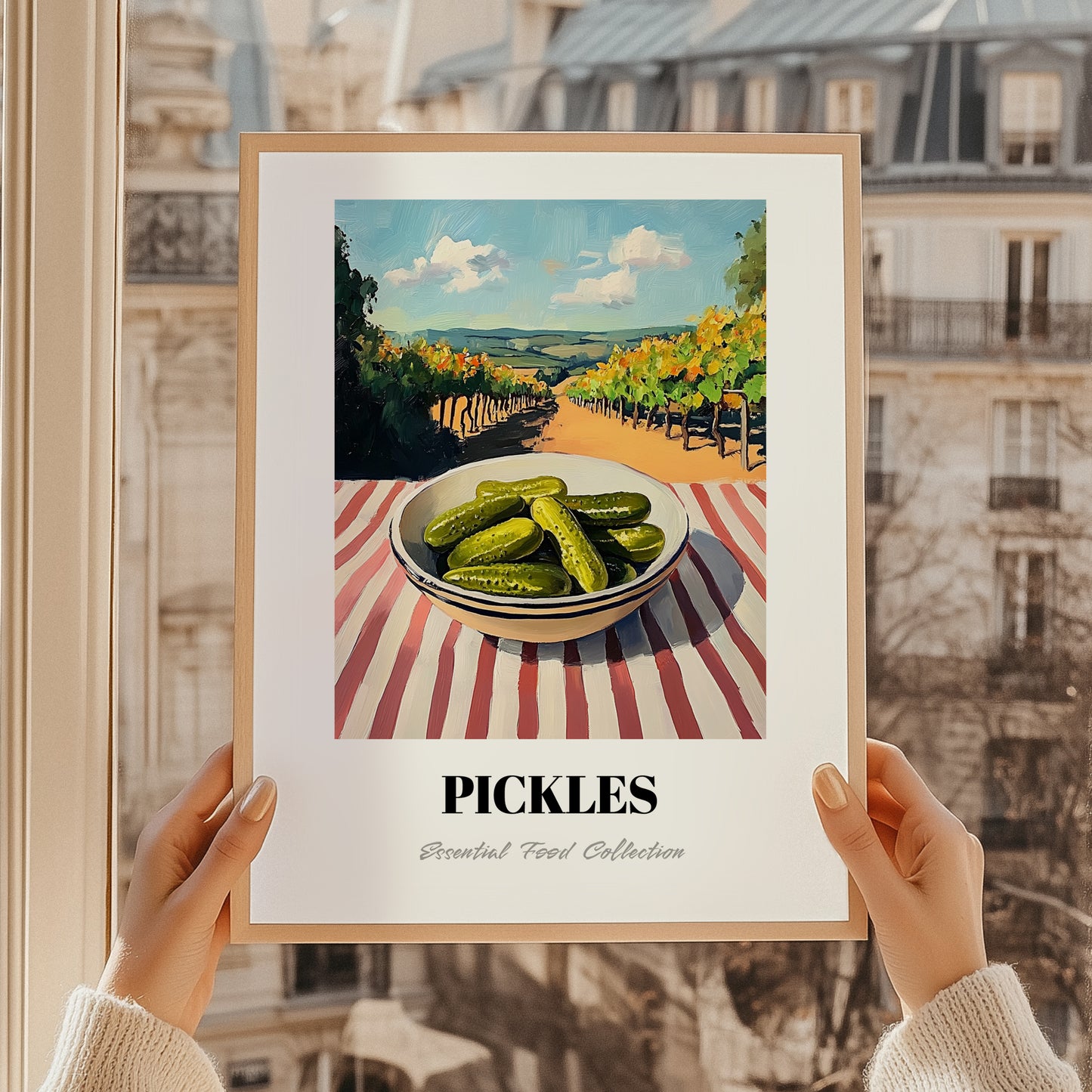 Pickles – Hilltop Table Scene, American Food Illustration, styled in a charming Paris street view
