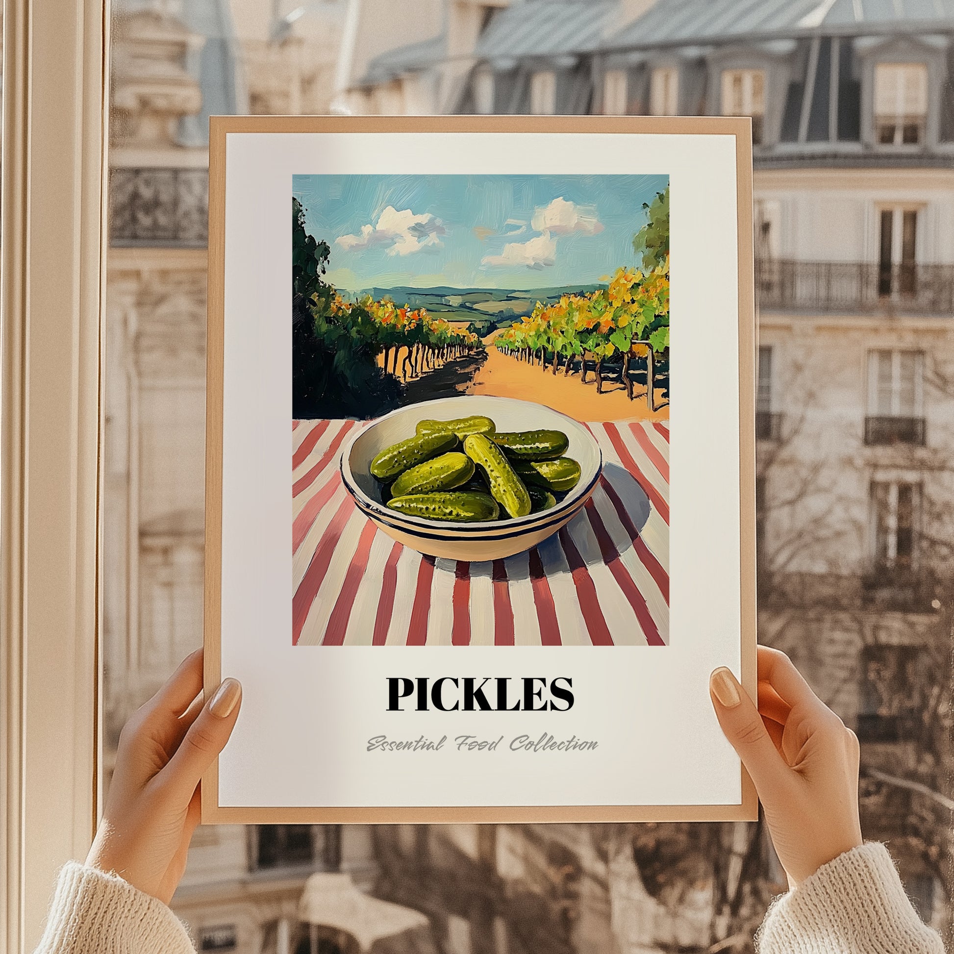 Pickles – Hilltop Table Scene, American Food Illustration, styled in a charming Paris street view